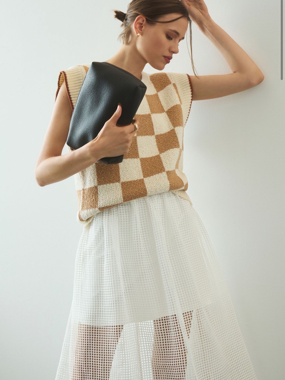 Anthropologie Maeve Checkerboard Knit Sweater Vest in Cream/Tan Size XS - Picture 5 of 13